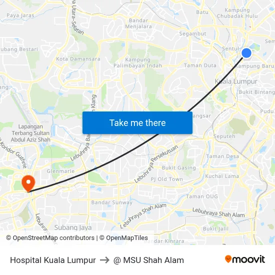 Hospital Kuala Lumpur to @ MSU Shah Alam map