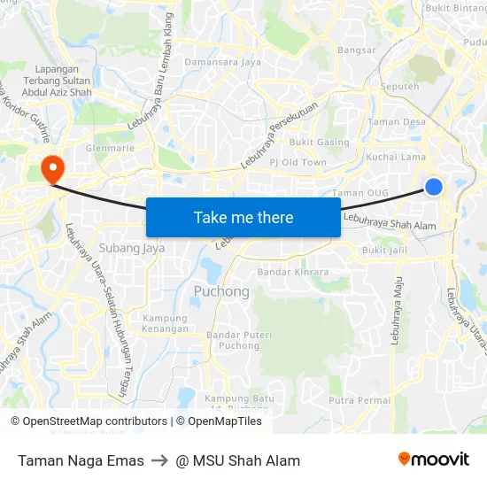 Taman Naga Emas to @ MSU Shah Alam map