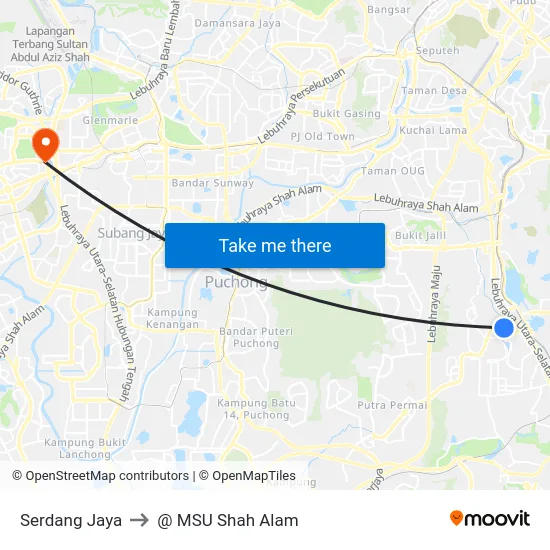 Serdang Jaya to @ MSU Shah Alam map