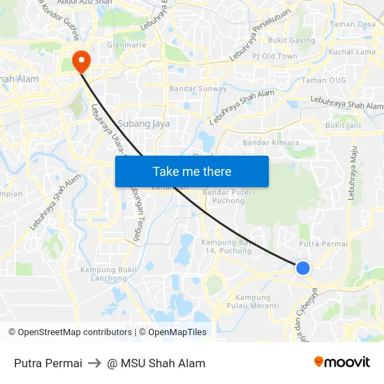 Putra Permai to @ MSU Shah Alam map