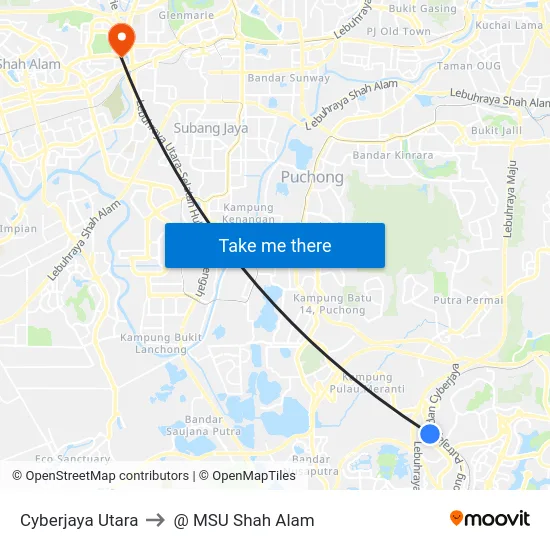 Cyberjaya Utara to @ MSU Shah Alam map