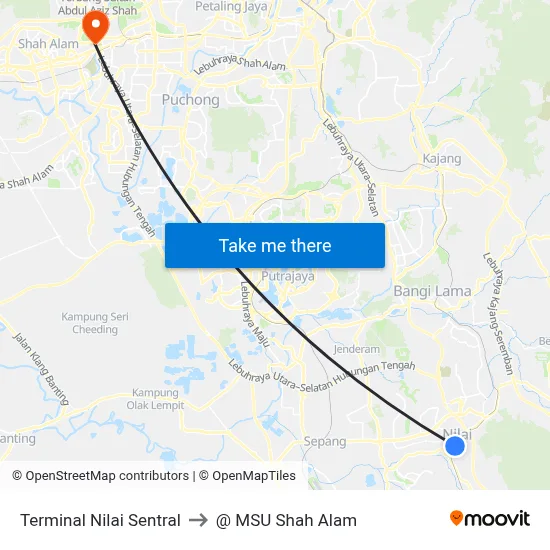 Terminal Nilai Sentral to @ MSU Shah Alam map