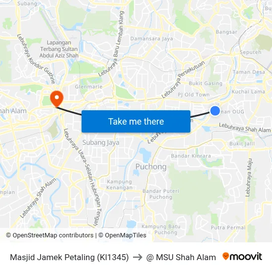 Masjid Jamek Petaling (Kl1345) to @ MSU Shah Alam map