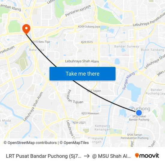 LRT Pusat Bandar Puchong (Sj735) to @ MSU Shah Alam map