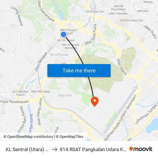 KL Sentral (Utara) (Kl1077) to 814 RSAT Pangkalan Udara Kuala Lumpur map