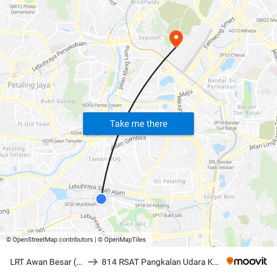 LRT Awan Besar (Kl2324) to 814 RSAT Pangkalan Udara Kuala Lumpur map