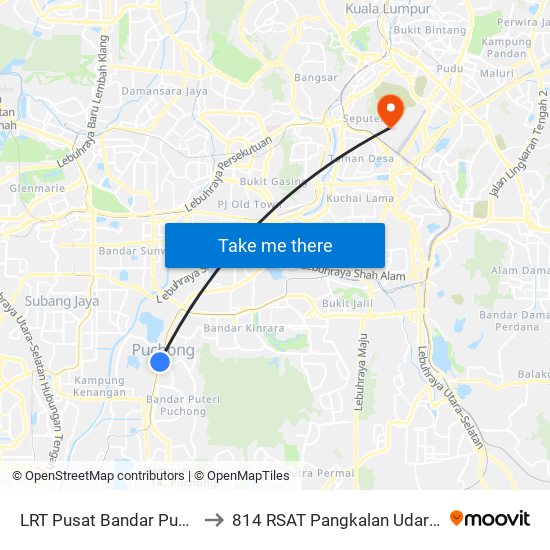 LRT Pusat Bandar Puchong (Sj735) to 814 RSAT Pangkalan Udara Kuala Lumpur map