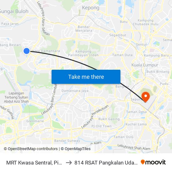 MRT Kwasa Sentral, Pintu A (Sa1020) to 814 RSAT Pangkalan Udara Kuala Lumpur map