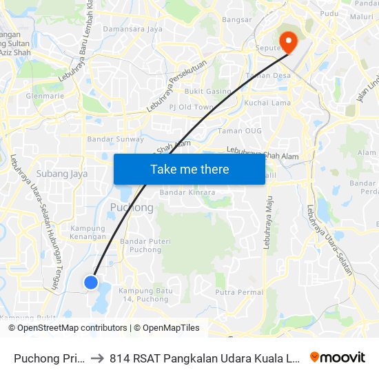 Puchong Prima to 814 RSAT Pangkalan Udara Kuala Lumpur map