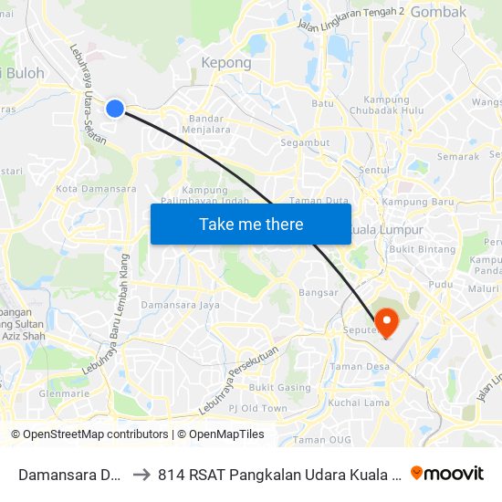 Damansara Damai to 814 RSAT Pangkalan Udara Kuala Lumpur map