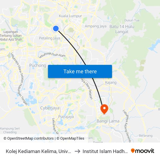 Kolej Kediaman Kelima, Universiti Malaya (Kl2343) to Institut Islam Hadhari, UKM, Bangi. map