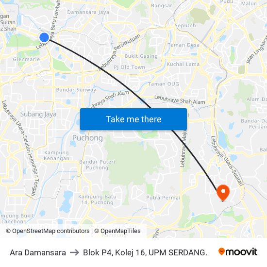 Ara Damansara to Blok P4, Kolej 16, UPM SERDANG. map