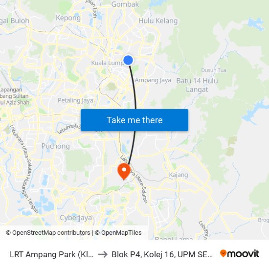 LRT Ampang Park (Kl2306) to Blok P4, Kolej 16, UPM SERDANG. map
