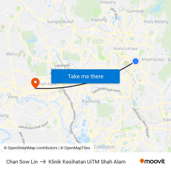 Chan Sow Lin to Klinik Kesihatan UiTM Shah Alam map