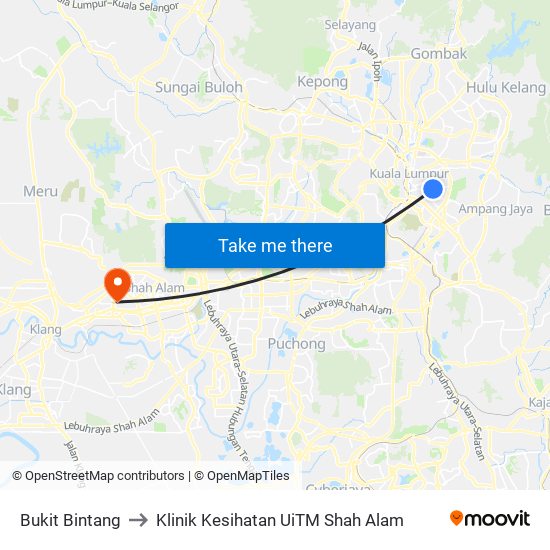 Bukit Bintang to Klinik Kesihatan UiTM Shah Alam map