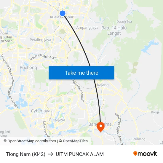 Tiong Nam (Kl42) to UITM PUNCAK ALAM map