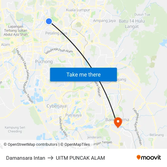 Damansara Intan to UITM PUNCAK ALAM map