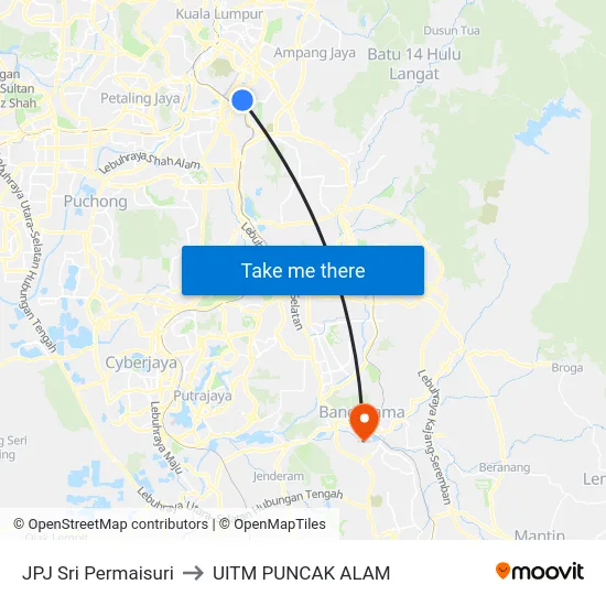 JPJ Sri Permaisuri to UITM PUNCAK ALAM map