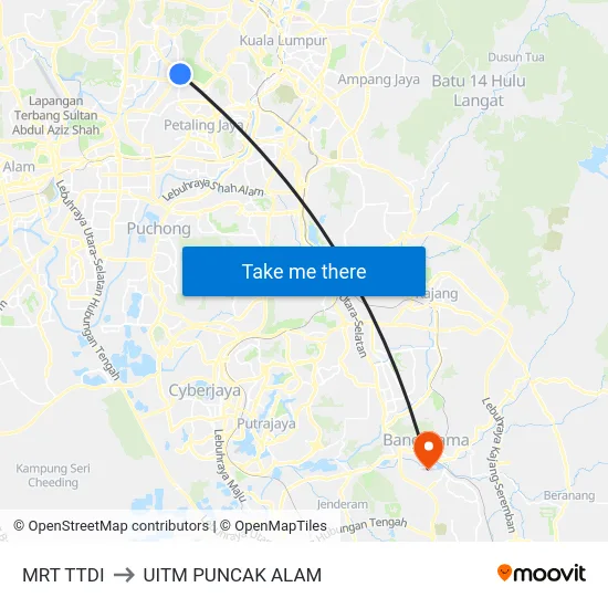 MRT TTDI to UITM PUNCAK ALAM map