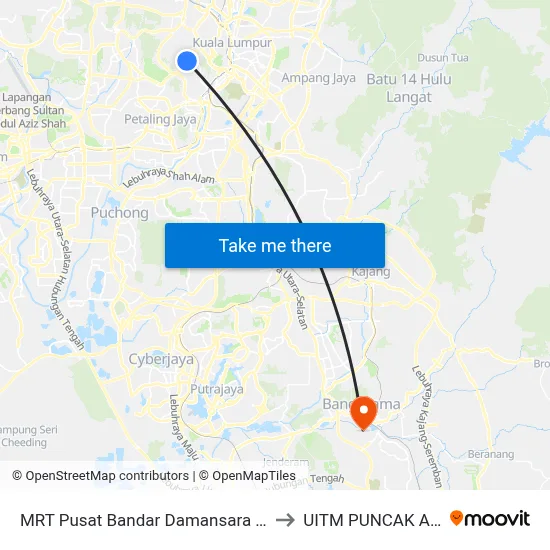 MRT Pusat Bandar Damansara Pintu A to UITM PUNCAK ALAM map