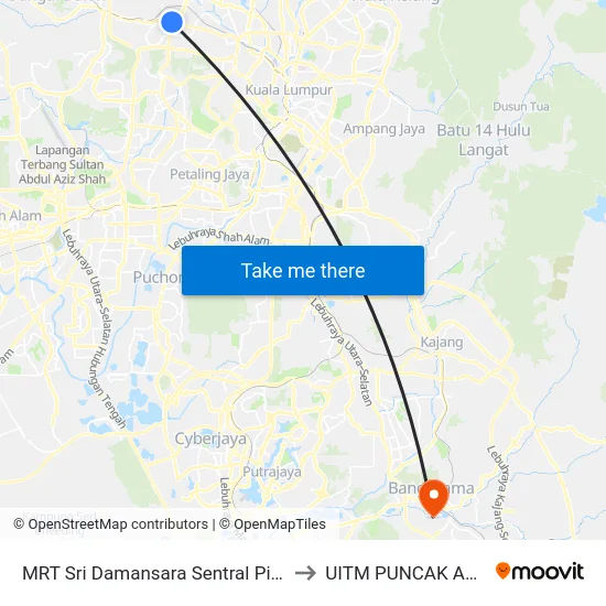 MRT Sri Damansara Sentral Pintu A to UITM PUNCAK ALAM map
