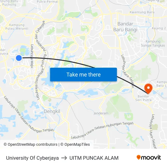 University Of Cyberjaya to UITM PUNCAK ALAM map