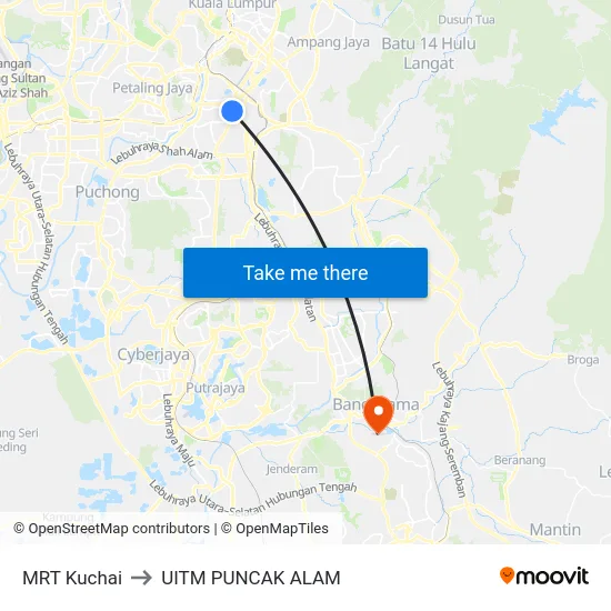 MRT Kuchai to UITM PUNCAK ALAM map