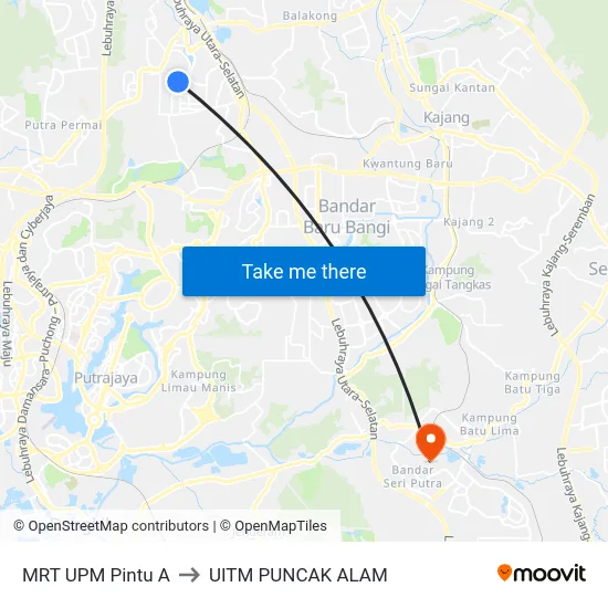 MRT UPM Pintu A to UITM PUNCAK ALAM map
