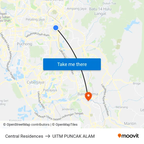 Central Residences to UITM PUNCAK ALAM map