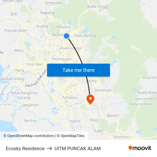 Ecosky Residence to UITM PUNCAK ALAM map