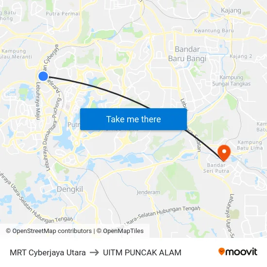 MRT Cyberjaya Utara to UITM PUNCAK ALAM map