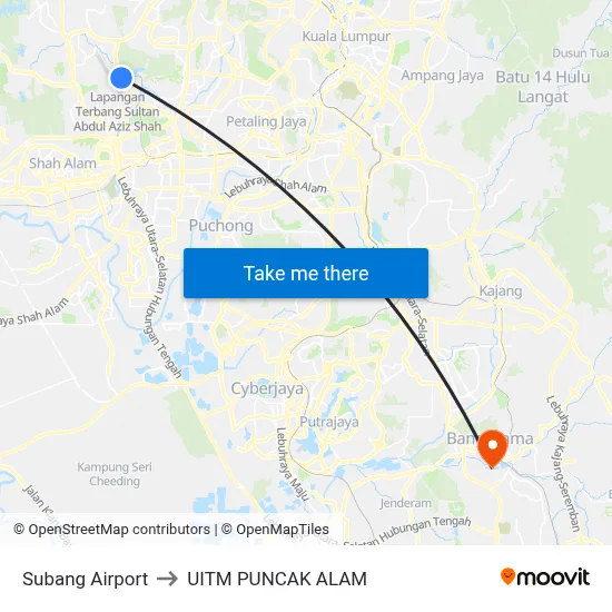Subang Airport to UITM PUNCAK ALAM map