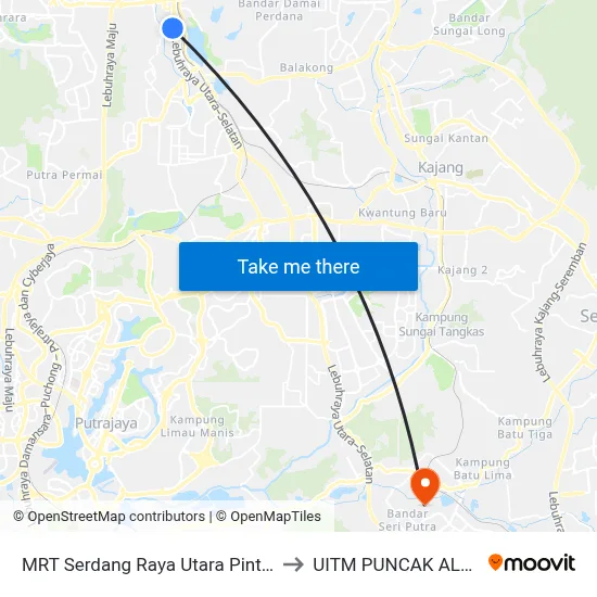 MRT Serdang Raya Utara Pintu A to UITM PUNCAK ALAM map