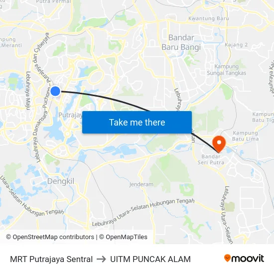 MRT Putrajaya Sentral to UITM PUNCAK ALAM map