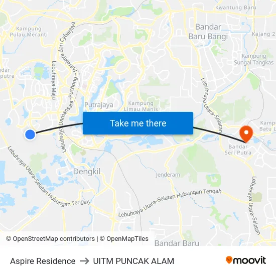 Aspire Residence to UITM PUNCAK ALAM map