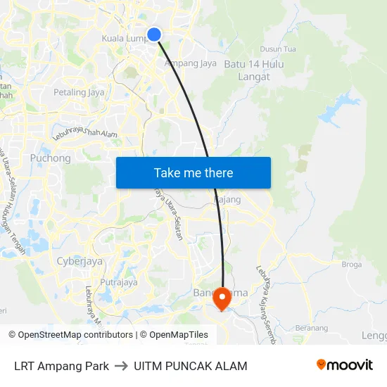 LRT Ampang Park to UITM PUNCAK ALAM map