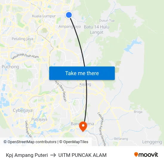 Kpj Ampang Puteri to UITM PUNCAK ALAM map