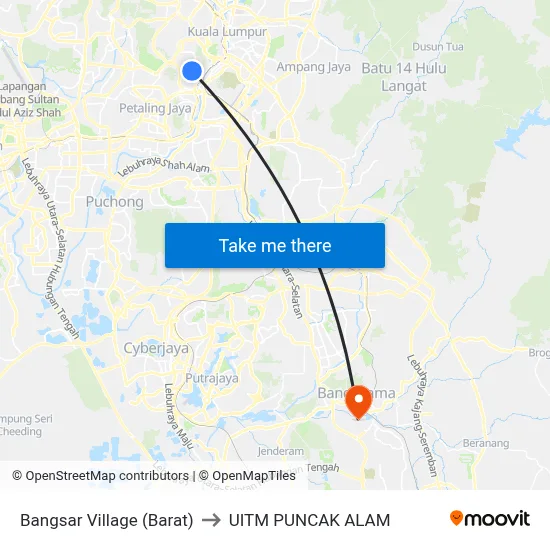Bangsar Village (Barat) to UITM PUNCAK ALAM map