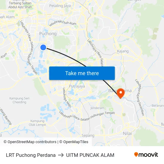 LRT Puchong Perdana to UITM PUNCAK ALAM map