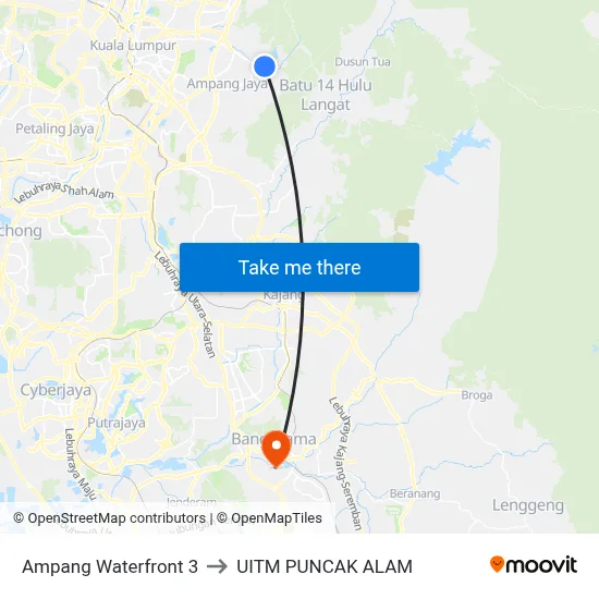 Ampang Waterfront 3 to UITM PUNCAK ALAM map