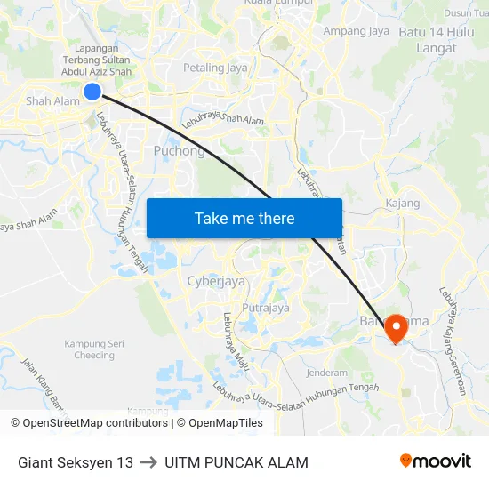 Giant Seksyen 13 to UITM PUNCAK ALAM map