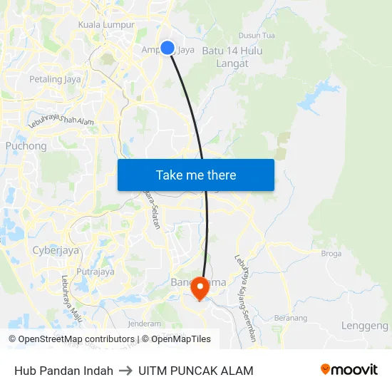 Hub Pandan Indah to UITM PUNCAK ALAM map
