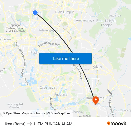 Ikea (Barat) to UITM PUNCAK ALAM map