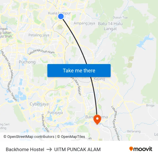 Backhome Hostel to UITM PUNCAK ALAM map