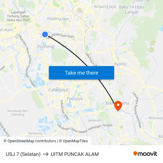 USJ 7 (Selatan) to UITM PUNCAK ALAM map