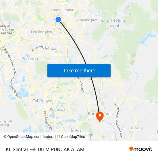 KL Sentral to UITM PUNCAK ALAM map