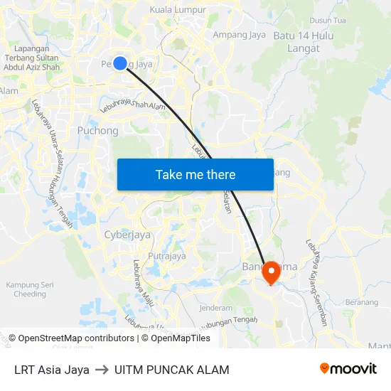 LRT Asia Jaya to UITM PUNCAK ALAM map