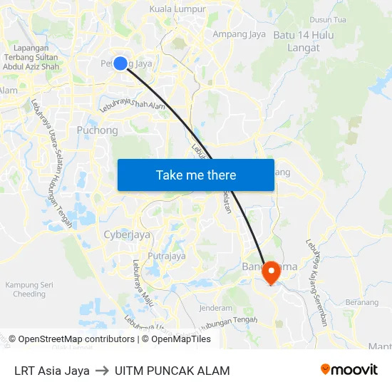LRT Asia Jaya to UITM PUNCAK ALAM map
