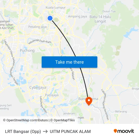 LRT Bangsar (Opp) to UITM PUNCAK ALAM map