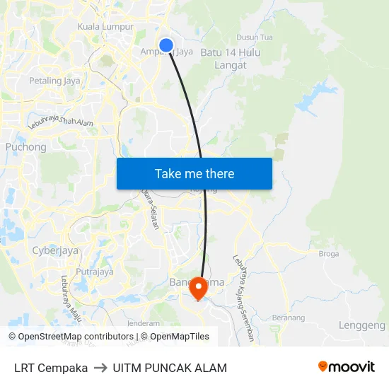 LRT Cempaka to UITM PUNCAK ALAM map